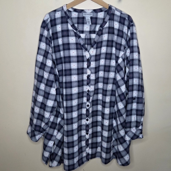 Catherines | Navy White Plaid Button Front Shirt Pink Embroidered Dots Size 4X - Picture 1 of 6